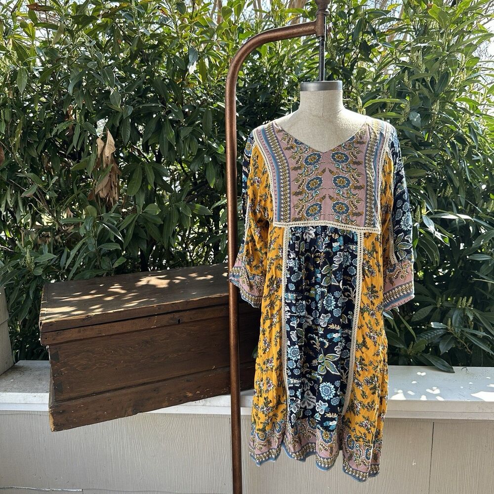 Sundance Boho Patchwork Floral Tunic Dress Lace Trim Flowy Peasant XS
